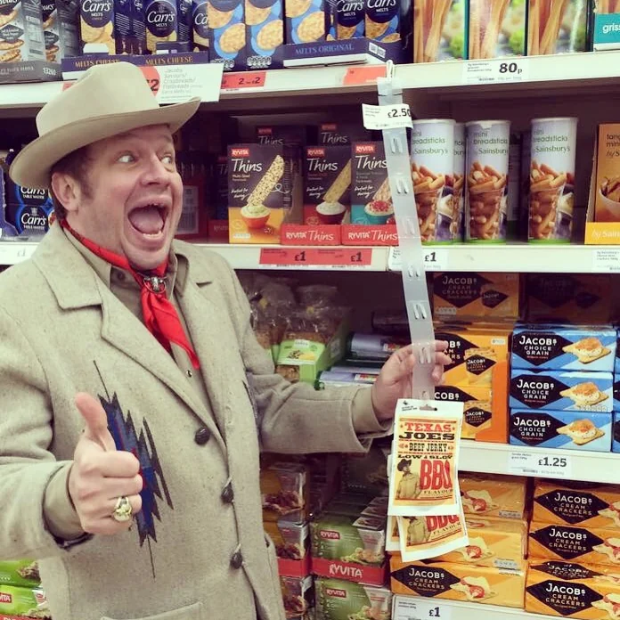 Joe in a supermarket with Texas Joe’s jerky