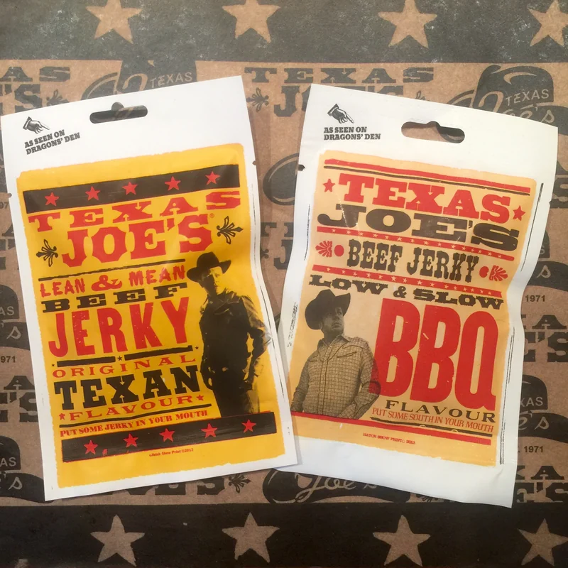 Texas Joe’s Original Texan and BBQ jerky packs, with Hatch Show Print artwork
